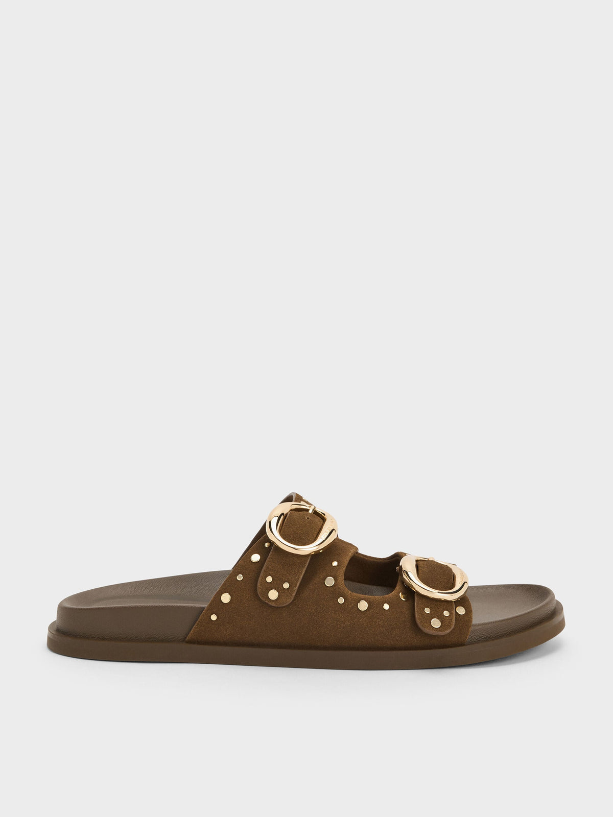 CHARLES & KEITH New / Studded Buckled Double-Strap Slides - Brown