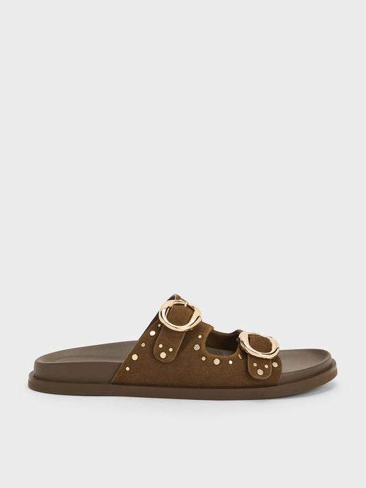 CHARLES & KEITH New / Studded Buckled Double-Strap Slides - Brown