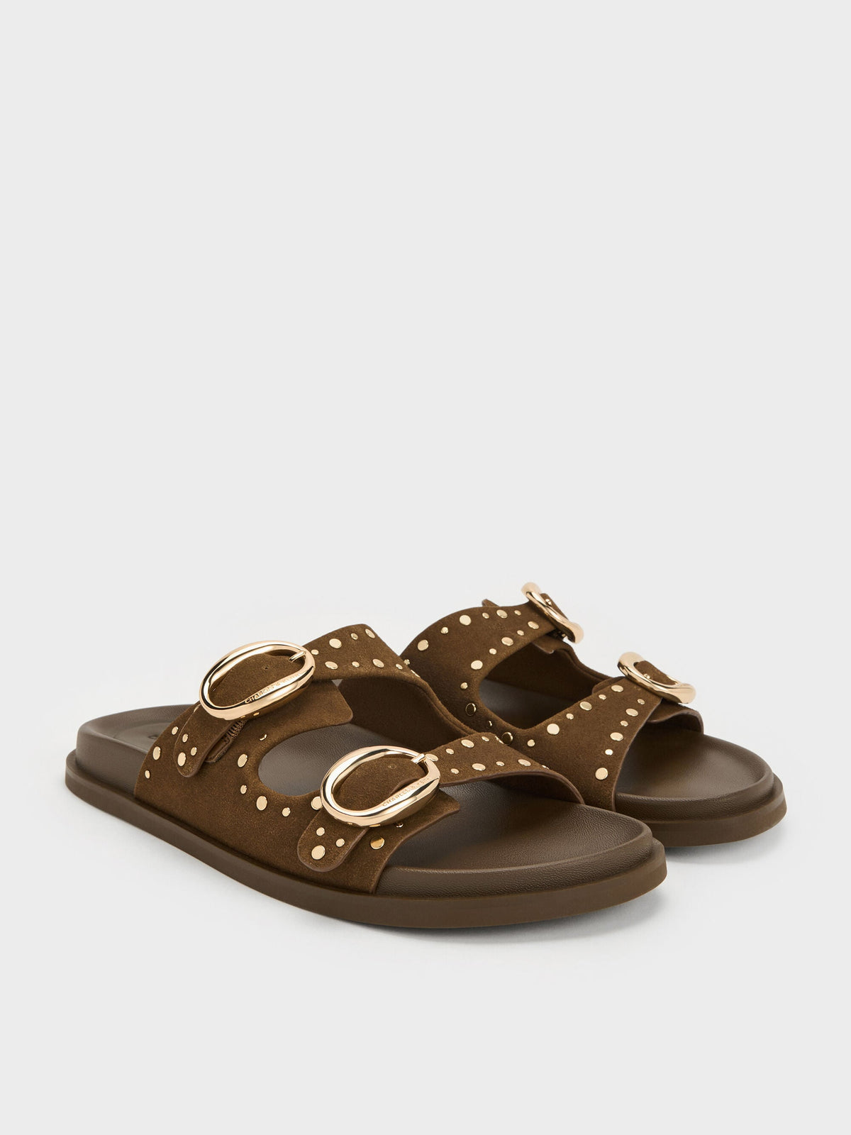 CHARLES & KEITH New / Studded Buckled Double-Strap Slides - Brown