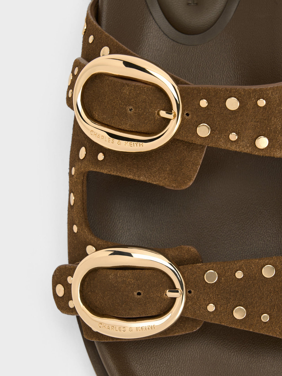 CHARLES & KEITH New / Studded Buckled Double-Strap Slides - Brown
