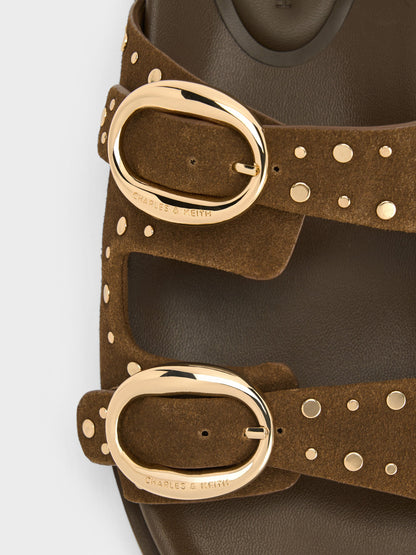 CHARLES & KEITH New / Studded Buckled Double-Strap Slides - Brown