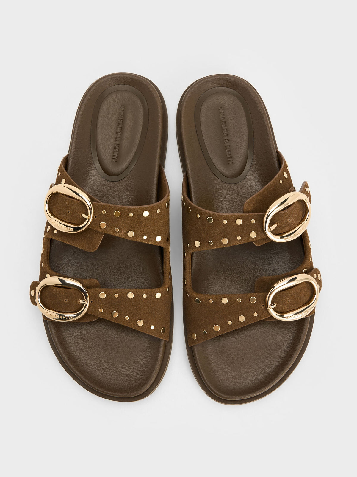 CHARLES & KEITH New / Studded Buckled Double-Strap Slides - Brown