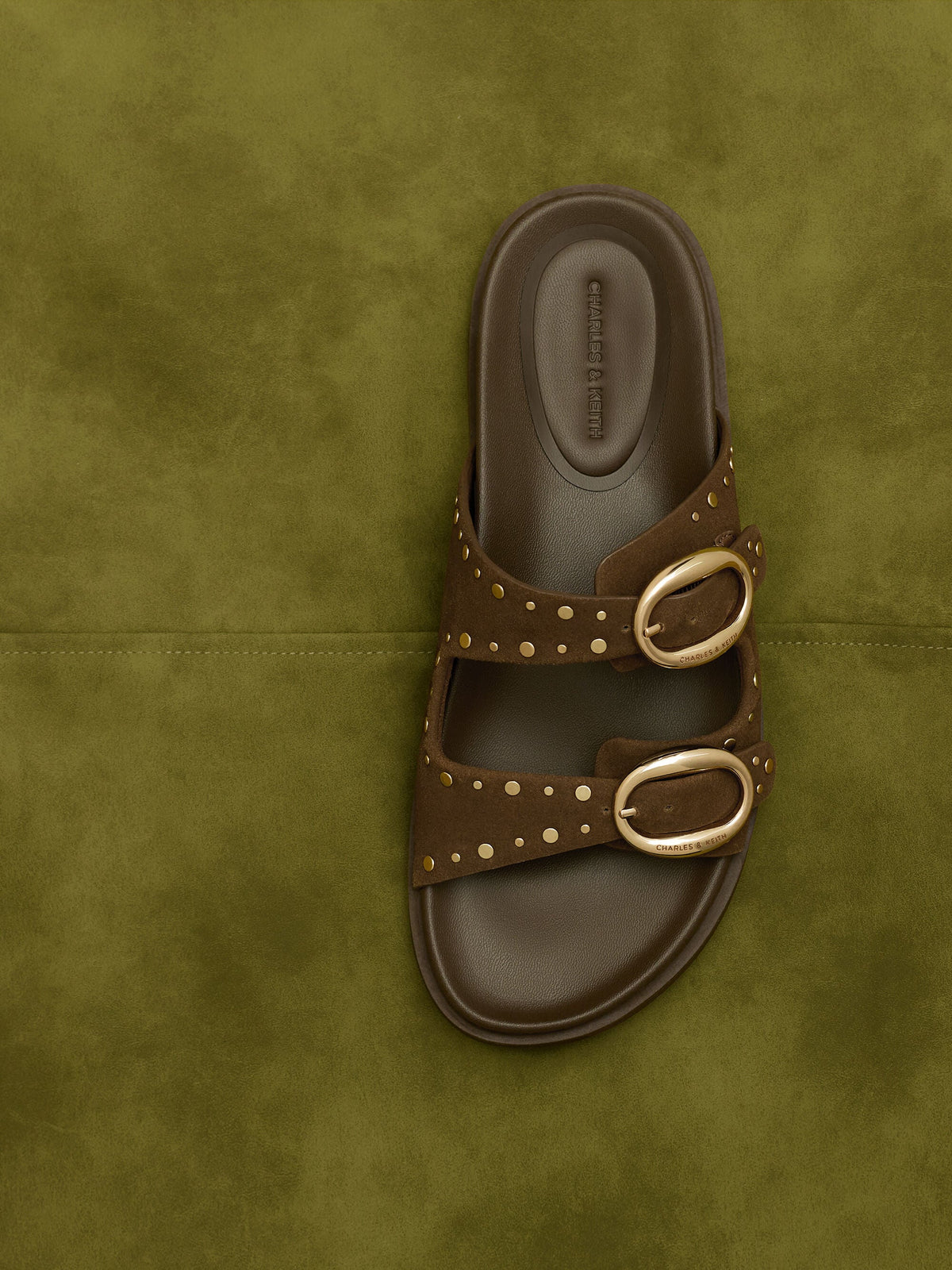 CHARLES & KEITH New / Studded Buckled Double-Strap Slides - Brown