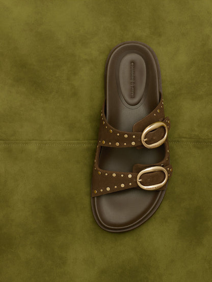 CHARLES & KEITH New / Studded Buckled Double-Strap Slides - Brown