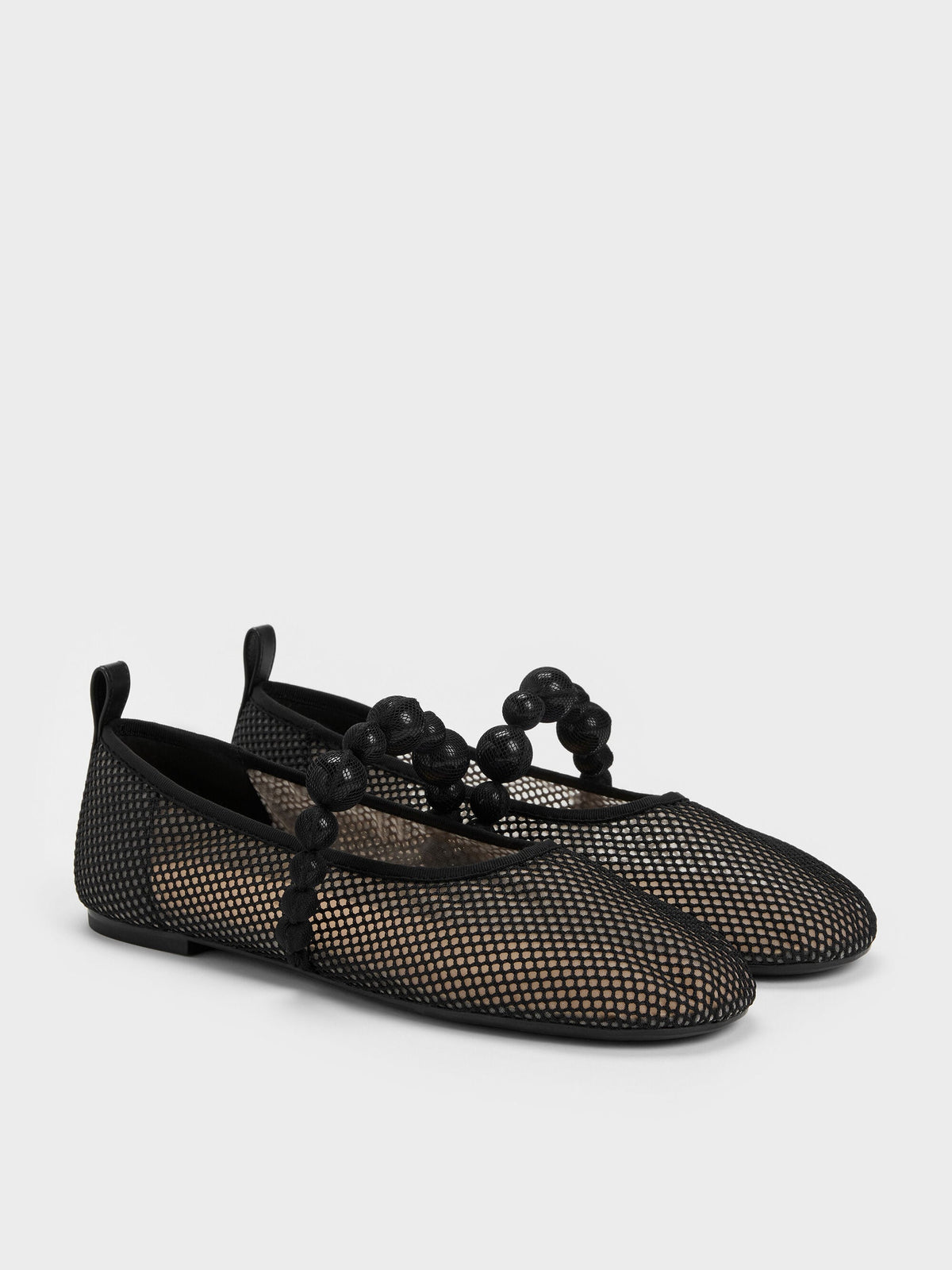 CHARLES & KEITH Popular / Leather Mesh Beaded Mary Jane Flats - Black Textured