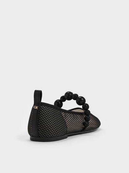CHARLES & KEITH Popular / Leather Mesh Beaded Mary Jane Flats - Black Textured