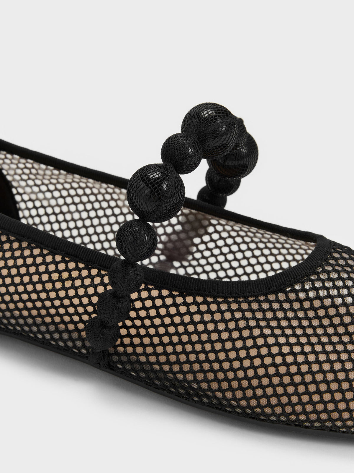 CHARLES & KEITH Popular / Leather Mesh Beaded Mary Jane Flats - Black Textured