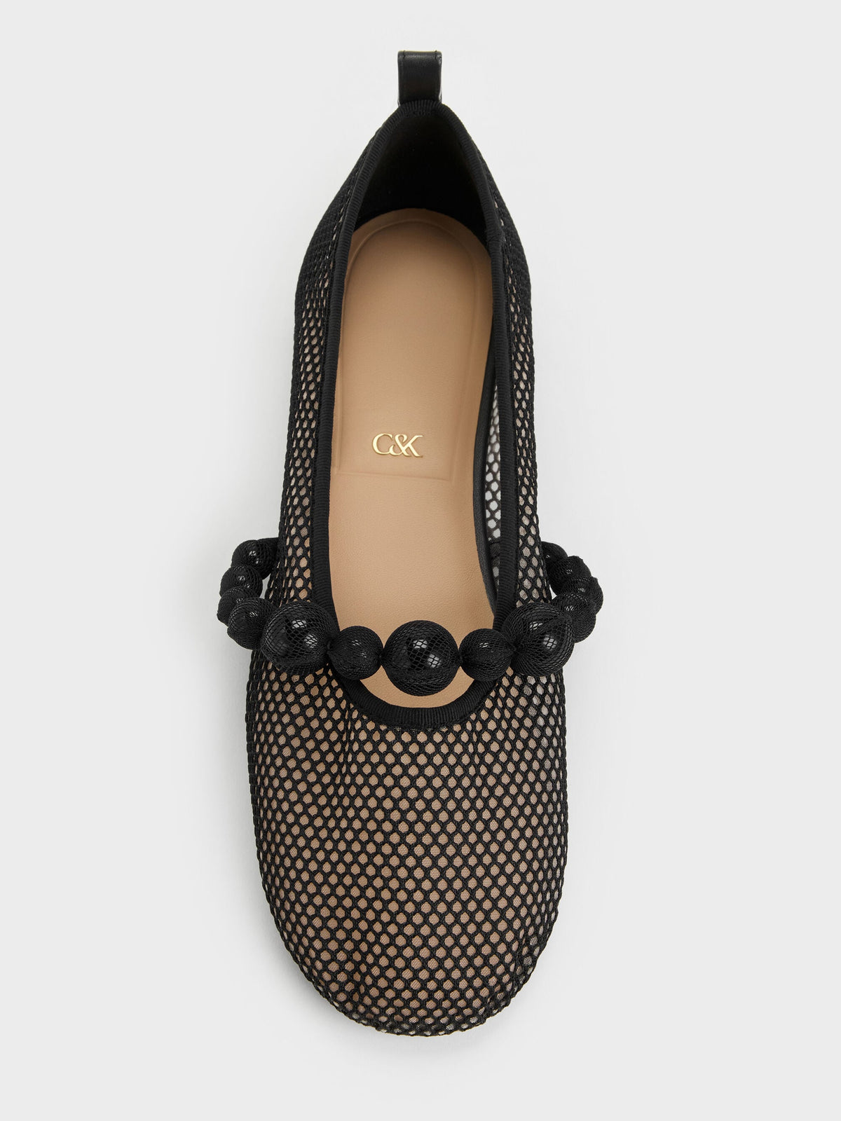 CHARLES & KEITH Popular / Leather Mesh Beaded Mary Jane Flats - Black Textured