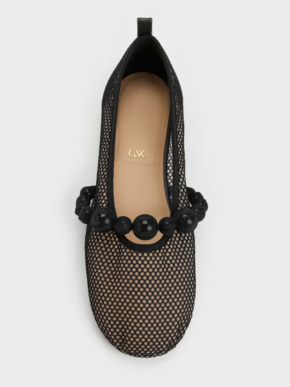 CHARLES & KEITH Popular / Leather Mesh Beaded Mary Jane Flats - Black Textured