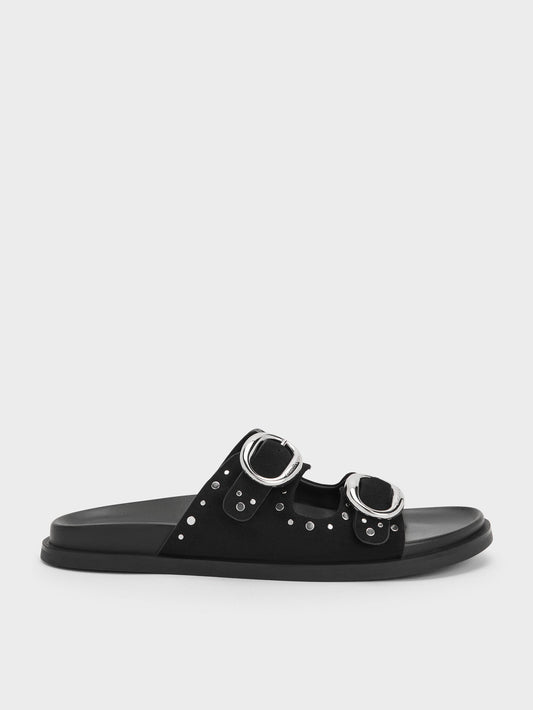 CHARLES & KEITH Signature / Studded Buckled Double-Strap Slides - Black