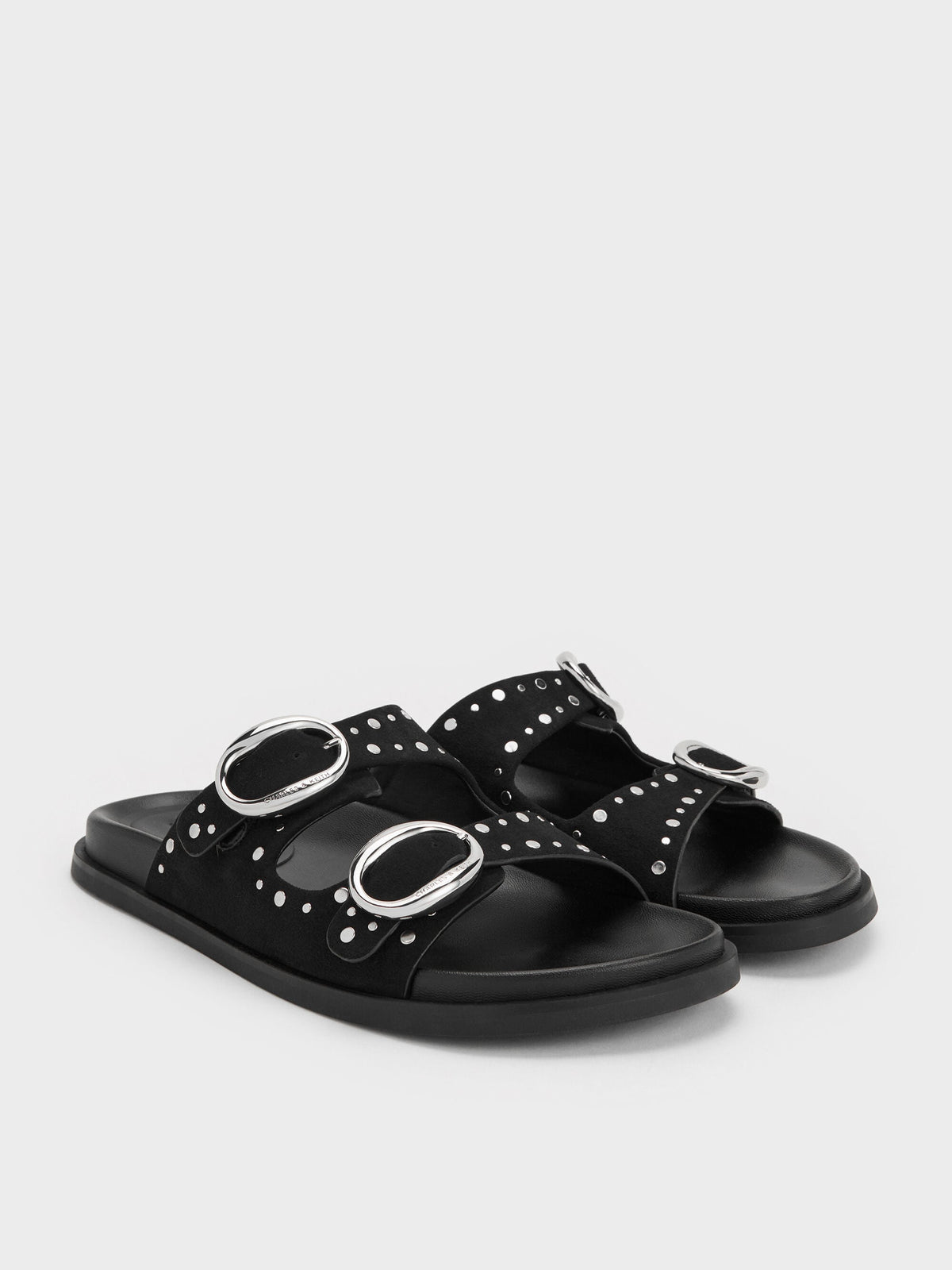 CHARLES & KEITH Signature / Studded Buckled Double-Strap Slides - Black