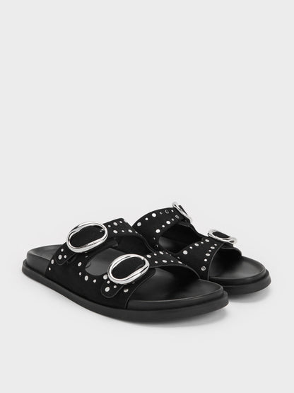CHARLES & KEITH Signature / Studded Buckled Double-Strap Slides - Black