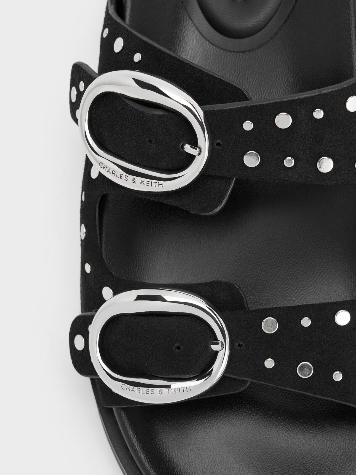 CHARLES & KEITH Signature / Studded Buckled Double-Strap Slides - Black