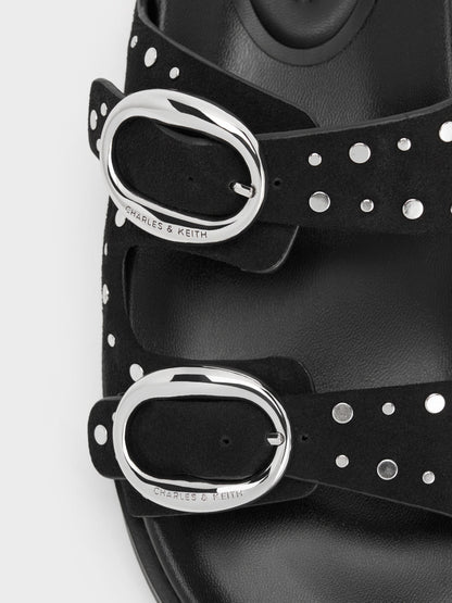 CHARLES & KEITH Signature / Studded Buckled Double-Strap Slides - Black