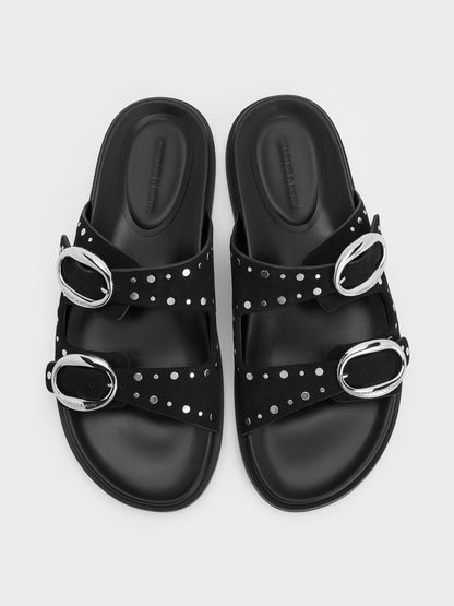 CHARLES & KEITH Signature / Studded Buckled Double-Strap Slides - Black