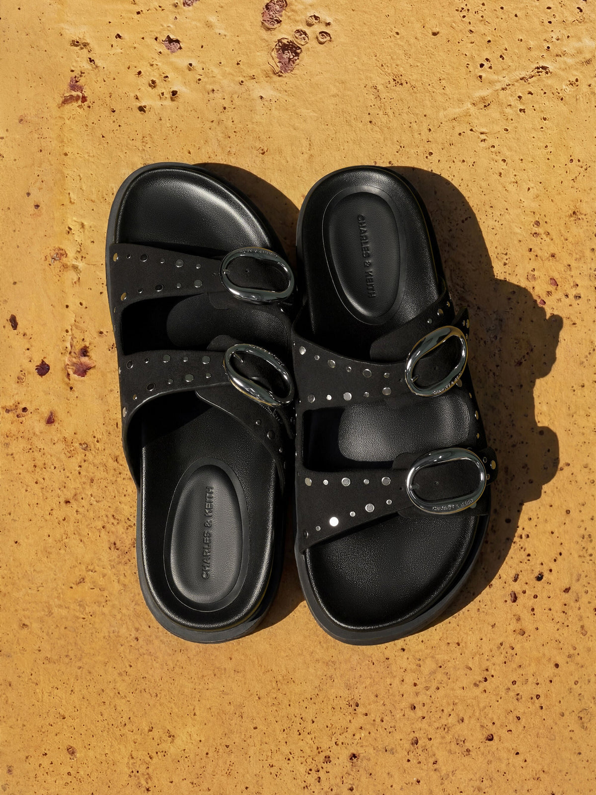 CHARLES & KEITH Signature / Studded Buckled Double-Strap Slides - Black