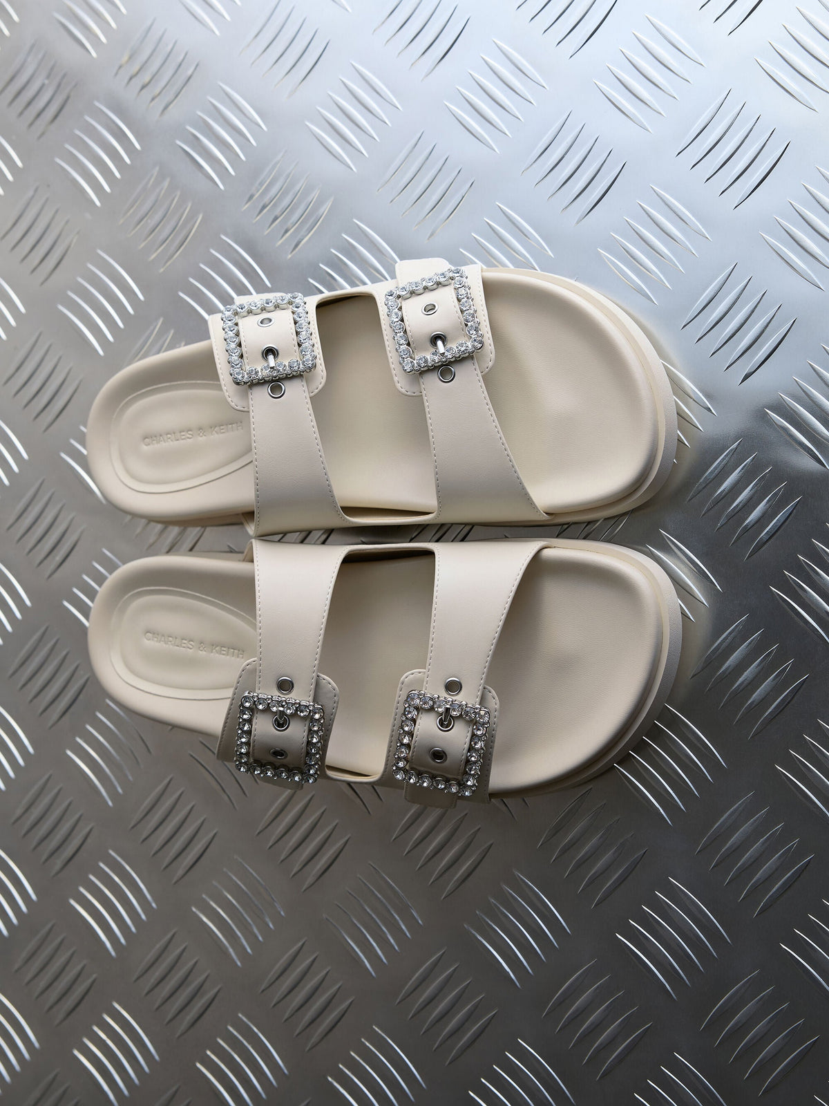 CHARLES & KEITH Customer Favorite / Gem-Buckle Double-Strap Sandals - Chalk