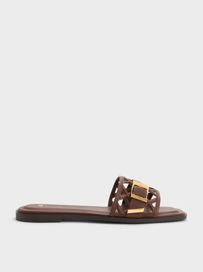 CHARLES & KEITH Top Pick / Whitney Leather Cut-Out Slide Sandals - Brown