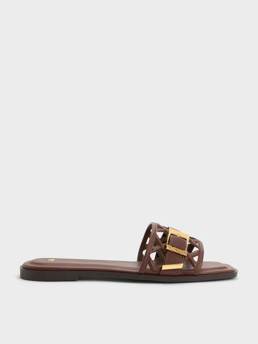 CHARLES & KEITH Top Pick / Whitney Leather Cut-Out Slide Sandals - Brown