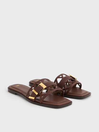 CHARLES & KEITH Top Pick / Whitney Leather Cut-Out Slide Sandals - Brown