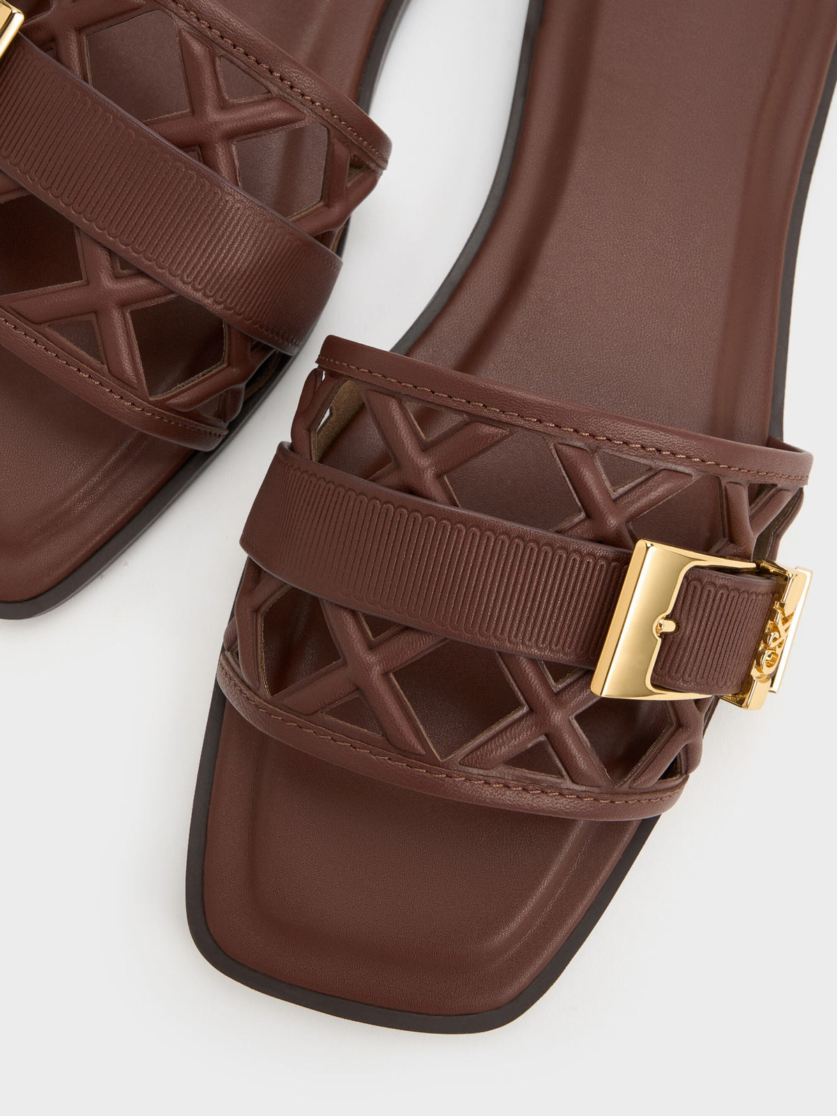 CHARLES & KEITH Top Pick / Whitney Leather Cut-Out Slide Sandals - Brown