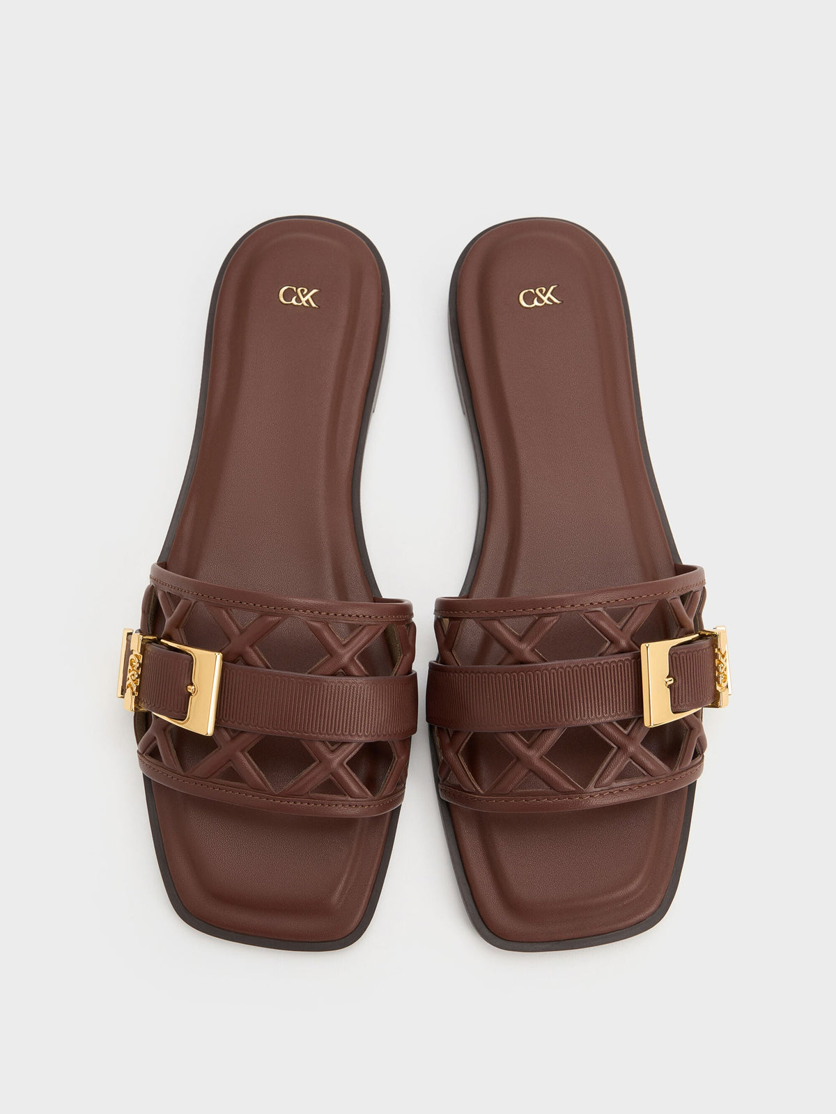 CHARLES & KEITH Top Pick / Whitney Leather Cut-Out Slide Sandals - Brown