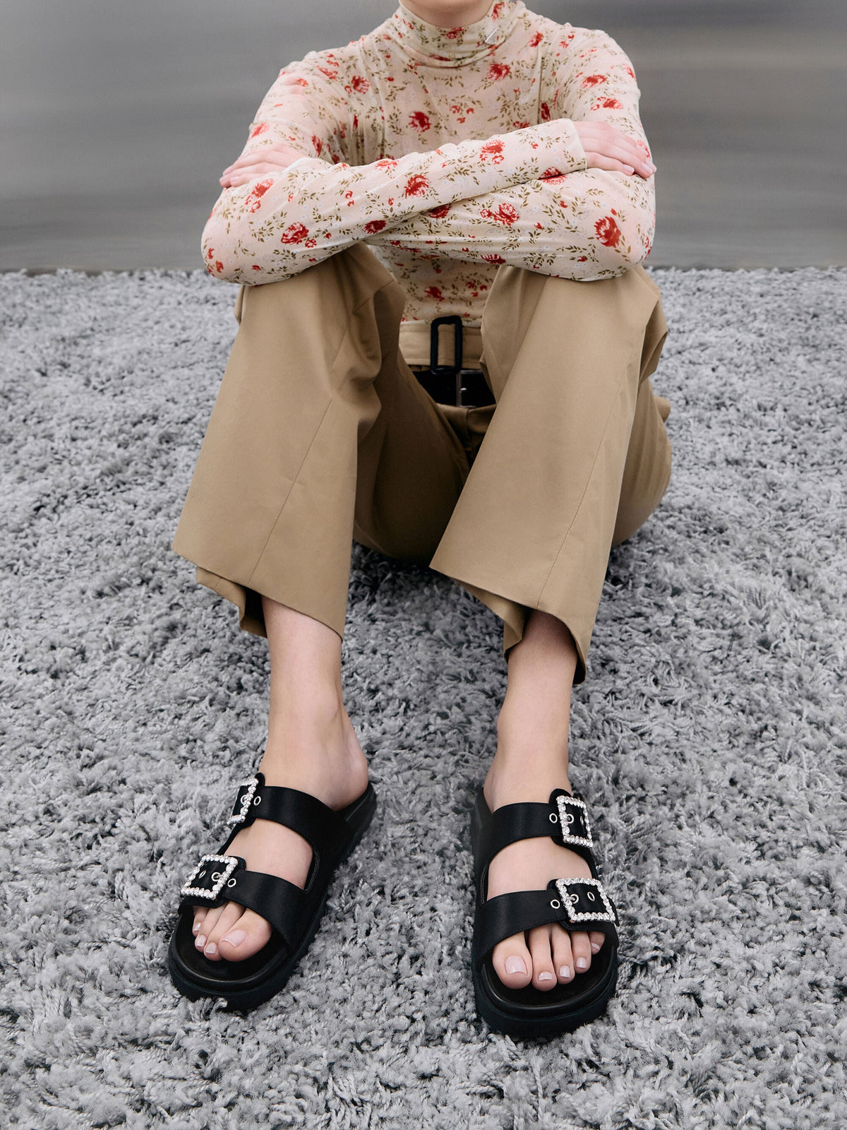 CHARLES & KEITH Sale / Gem-Buckle Double-Strap Sandals - Black Textured