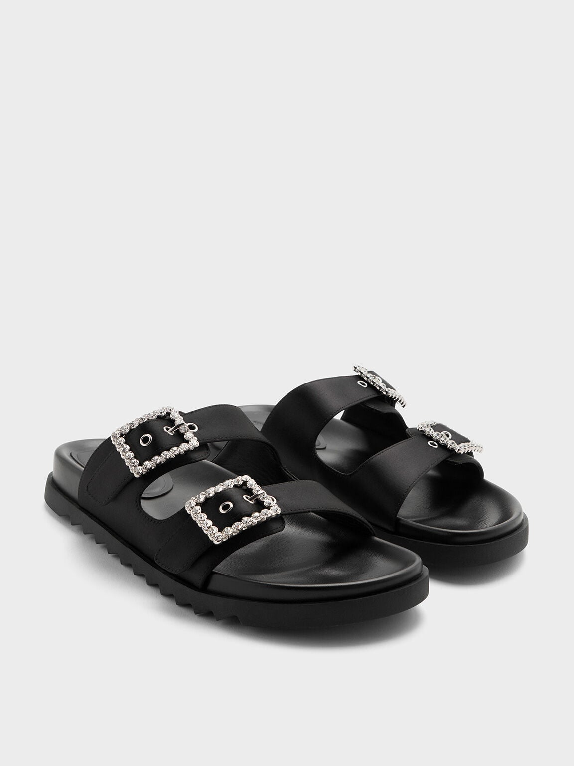 CHARLES & KEITH Sale / Gem-Buckle Double-Strap Sandals - Black Textured