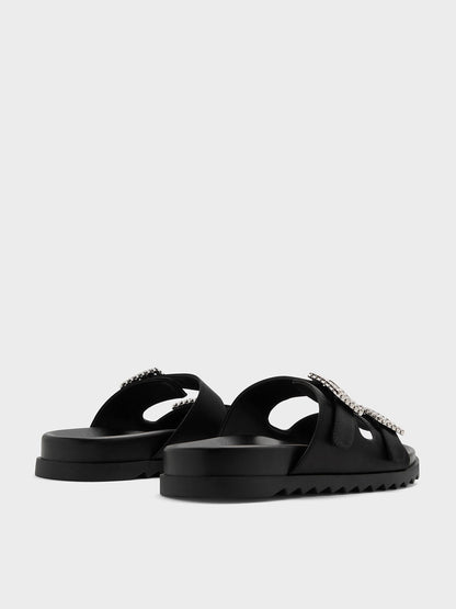 CHARLES & KEITH Sale / Gem-Buckle Double-Strap Sandals - Black Textured