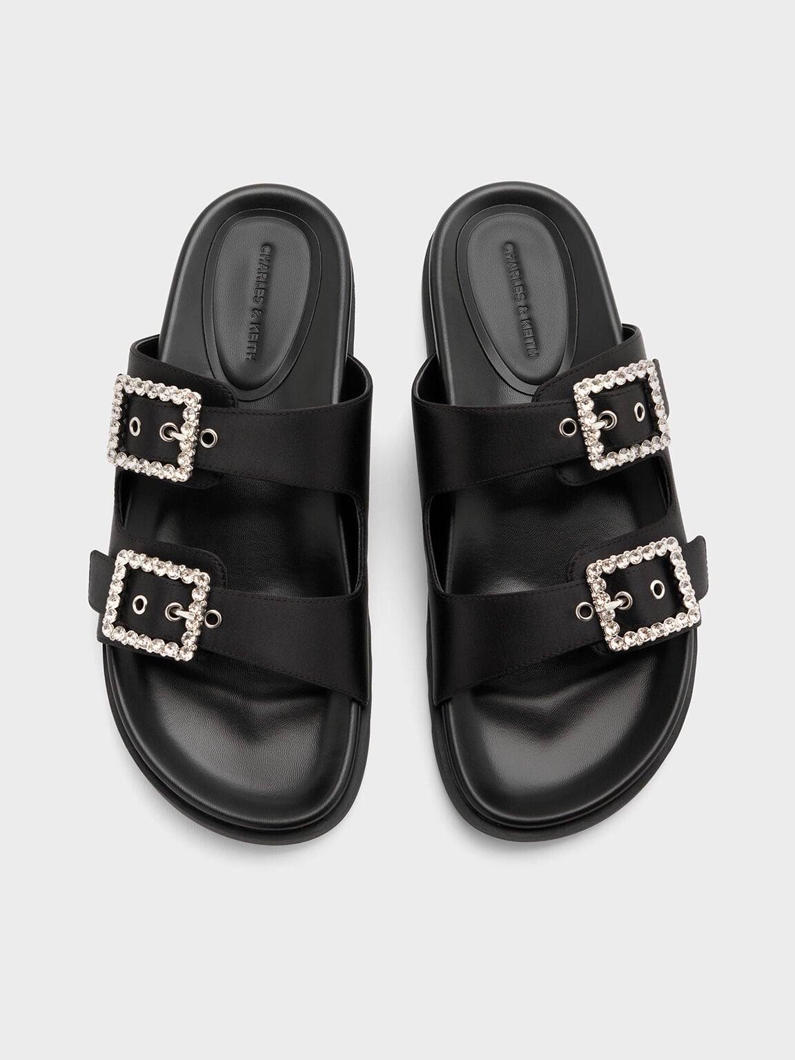 CHARLES & KEITH Sale / Gem-Buckle Double-Strap Sandals - Black Textured