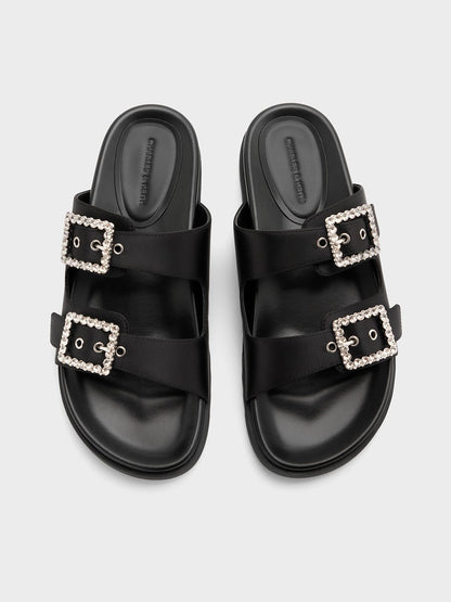 CHARLES & KEITH Sale / Gem-Buckle Double-Strap Sandals - Black Textured