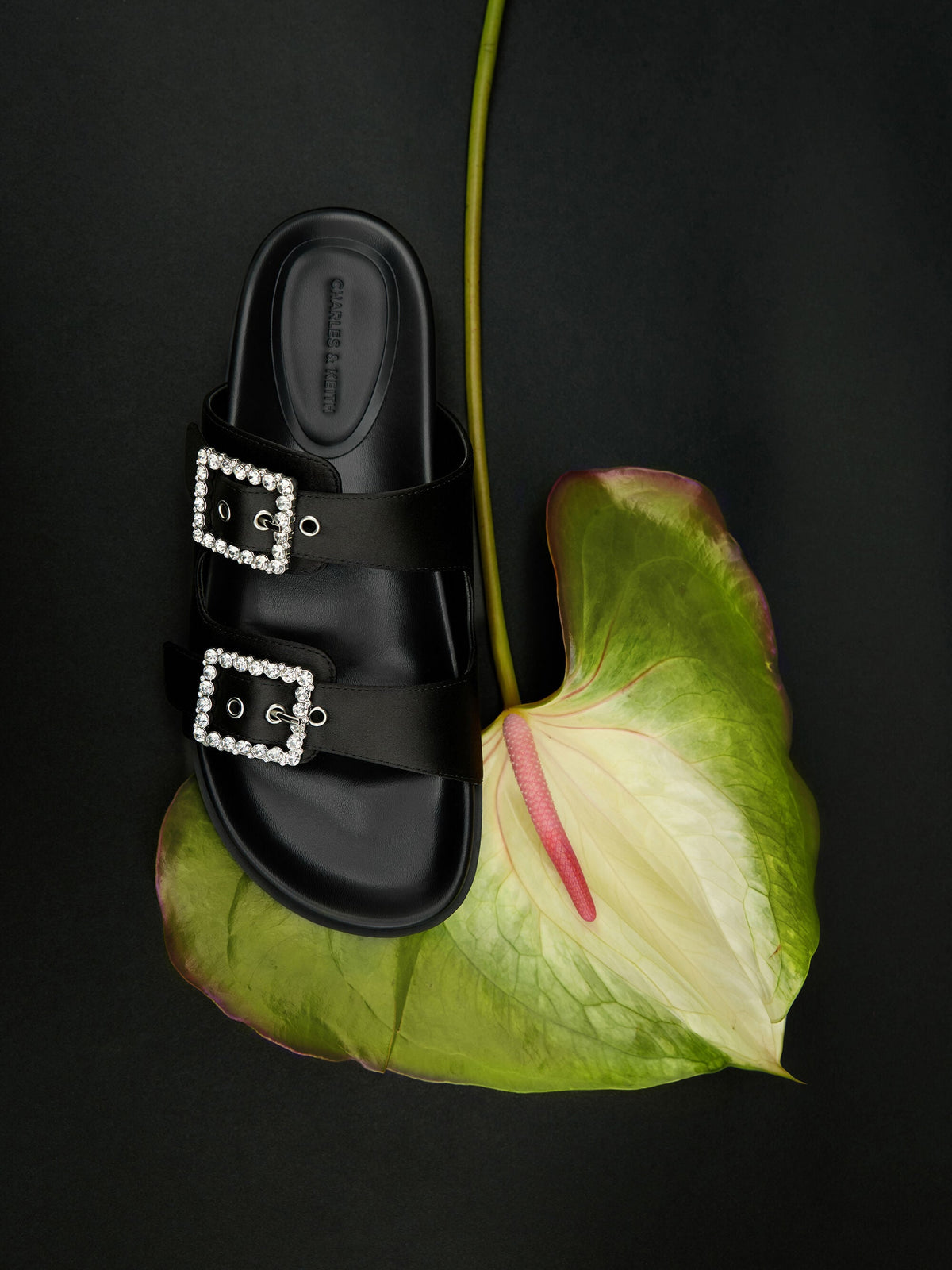 CHARLES & KEITH Sale / Gem-Buckle Double-Strap Sandals - Black Textured