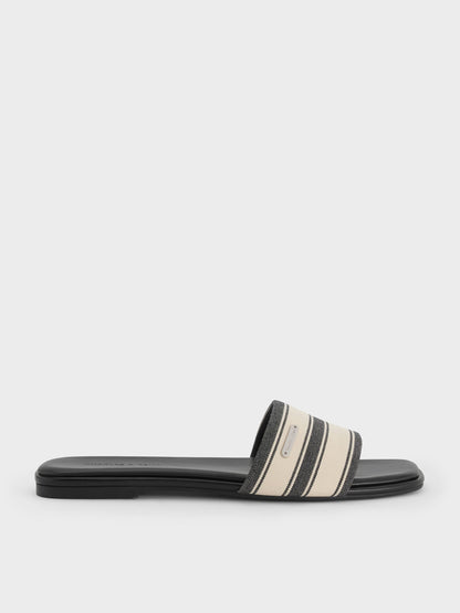 CHARLES & KEITH Trusted / Striped Square-Toe Slide Sandals - Black Textured