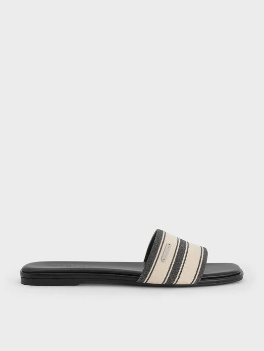 CHARLES & KEITH Trusted / Striped Square-Toe Slide Sandals - Black Textured