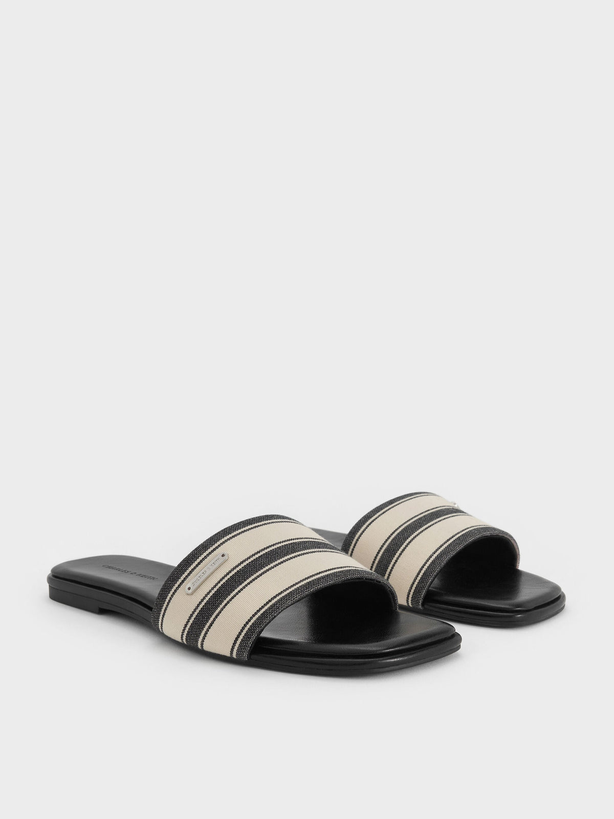 CHARLES & KEITH Trusted / Striped Square-Toe Slide Sandals - Black Textured