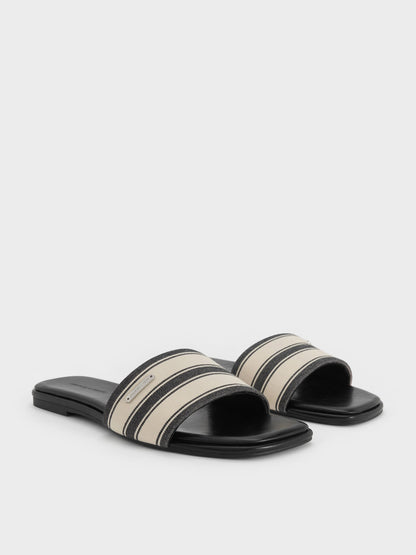 CHARLES & KEITH Trusted / Striped Square-Toe Slide Sandals - Black Textured