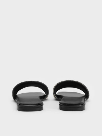 CHARLES & KEITH Trusted / Striped Square-Toe Slide Sandals - Black Textured