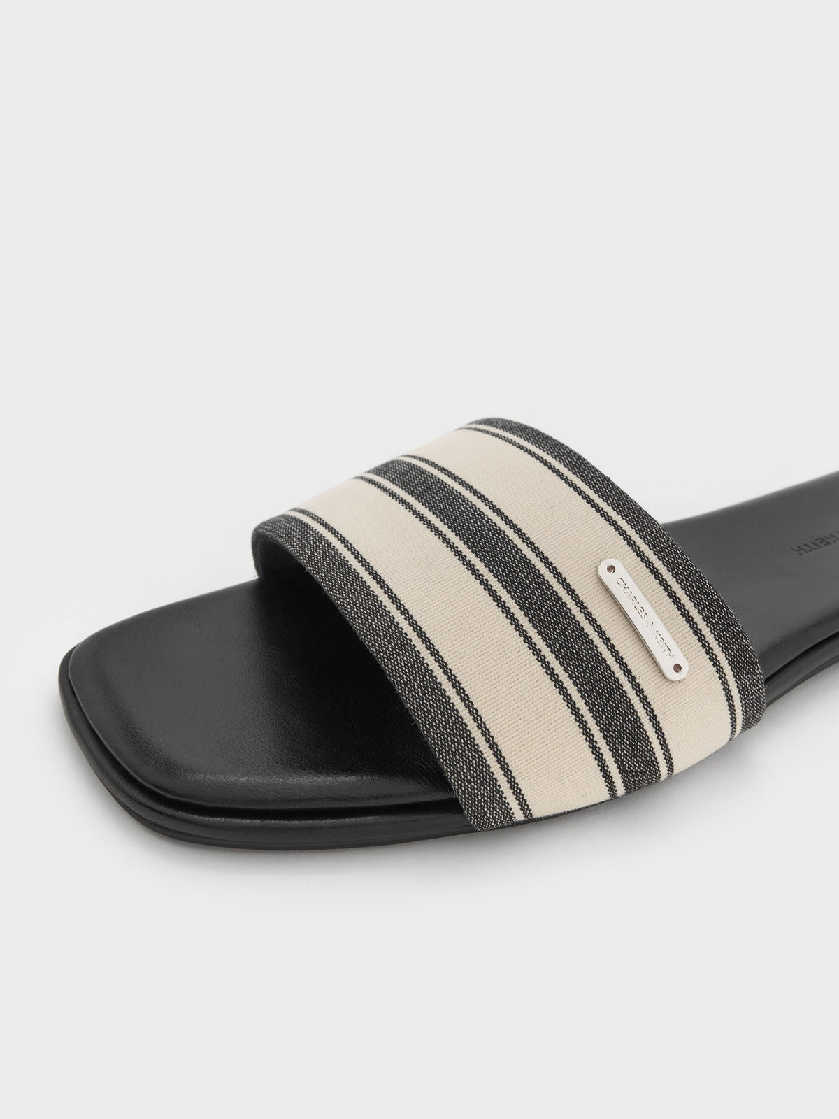 CHARLES & KEITH Trusted / Striped Square-Toe Slide Sandals - Black Textured