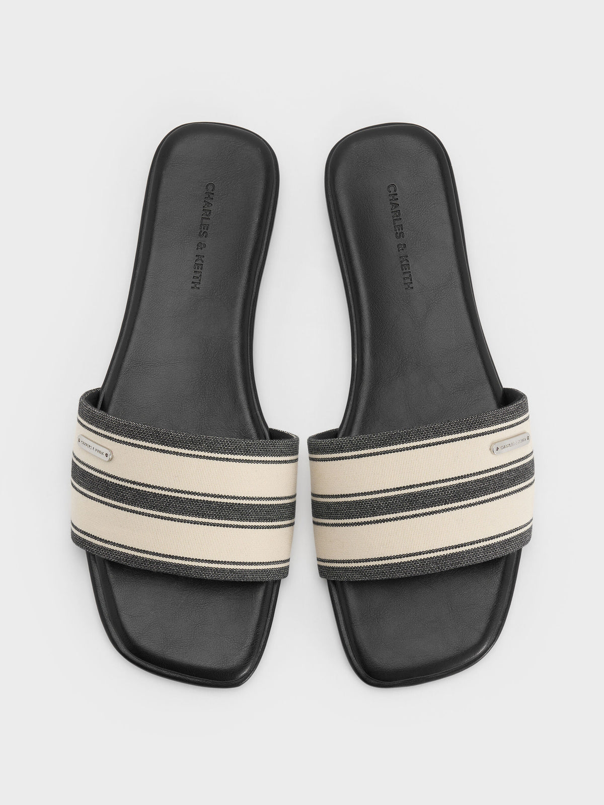 CHARLES & KEITH Trusted / Striped Square-Toe Slide Sandals - Black Textured