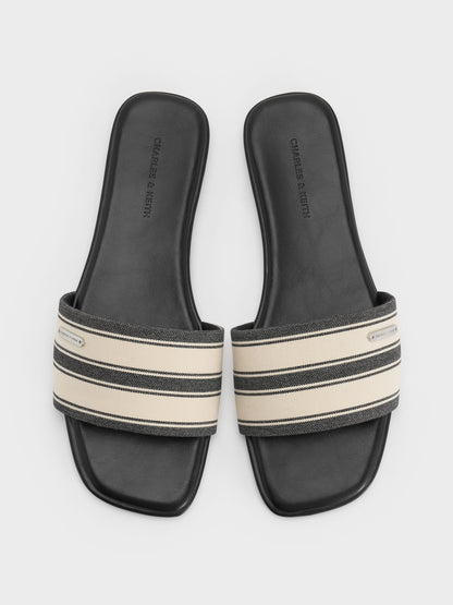 CHARLES & KEITH Trusted / Striped Square-Toe Slide Sandals - Black Textured