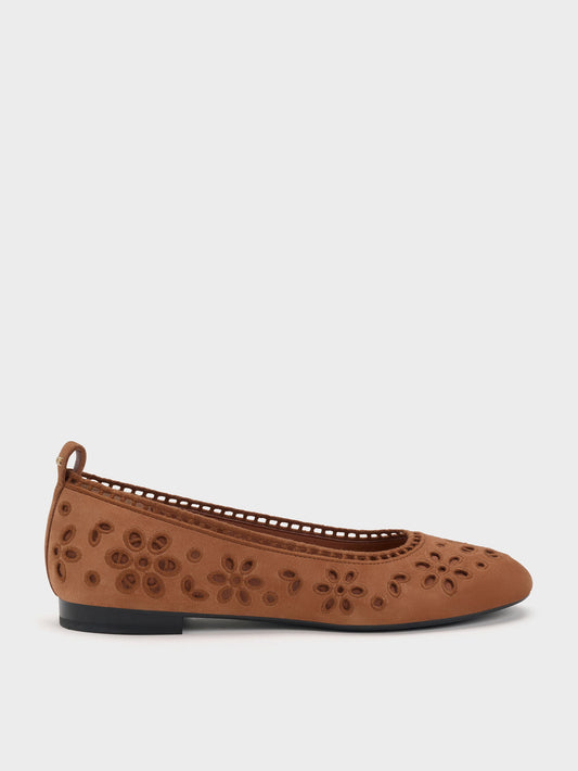 CHARLES & KEITH Best Seller / Leather Embroidered Ballet Flats - Cognac