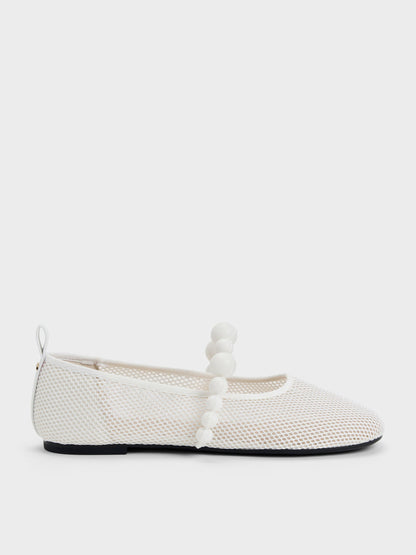 CHARLES & KEITH Smart Buy / Leather Mesh Beaded Mary Jane Flats - Chalk
