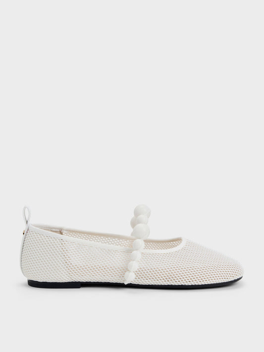 CHARLES & KEITH Smart Buy / Leather Mesh Beaded Mary Jane Flats - Chalk