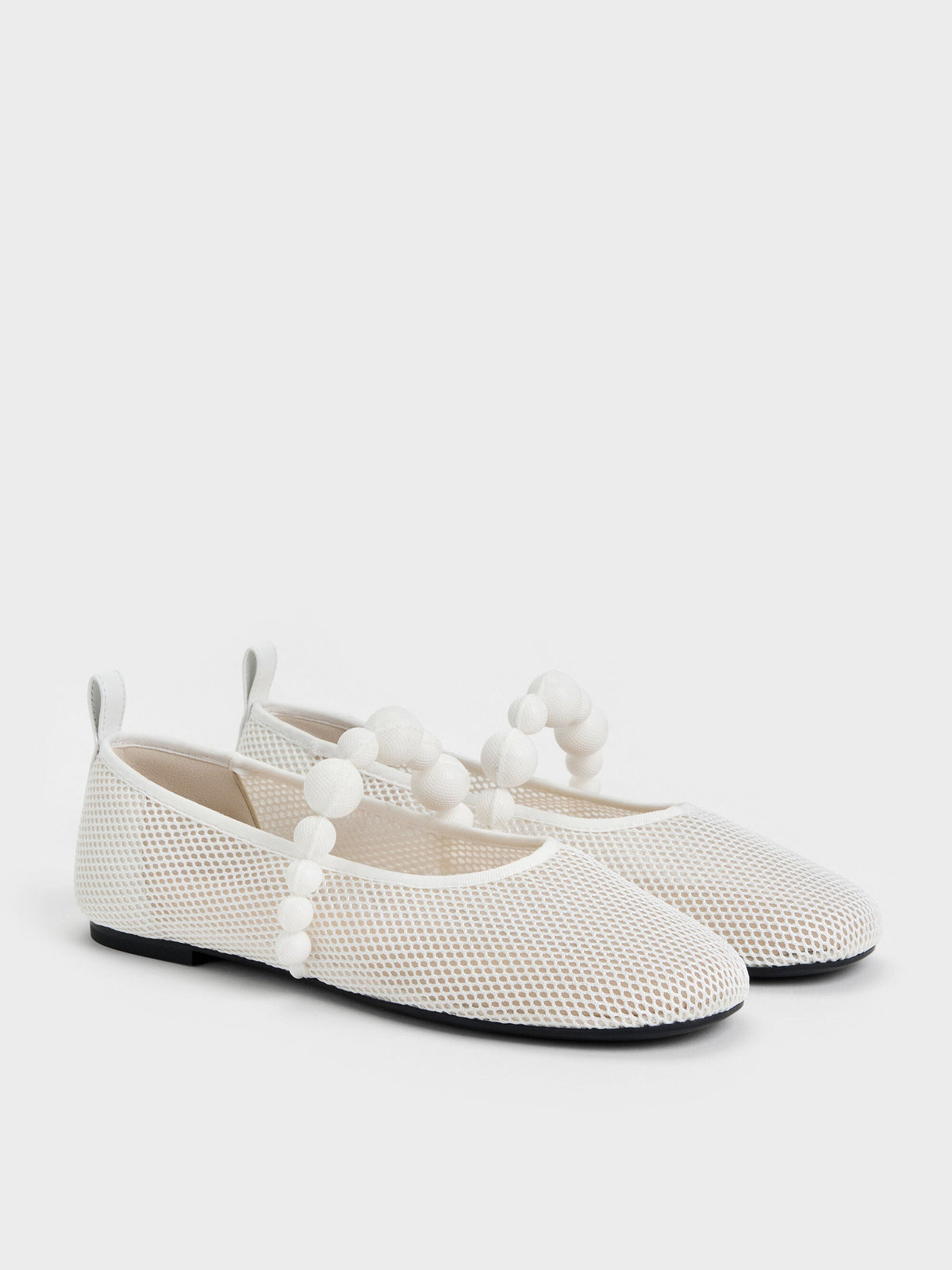 CHARLES & KEITH Smart Buy / Leather Mesh Beaded Mary Jane Flats - Chalk