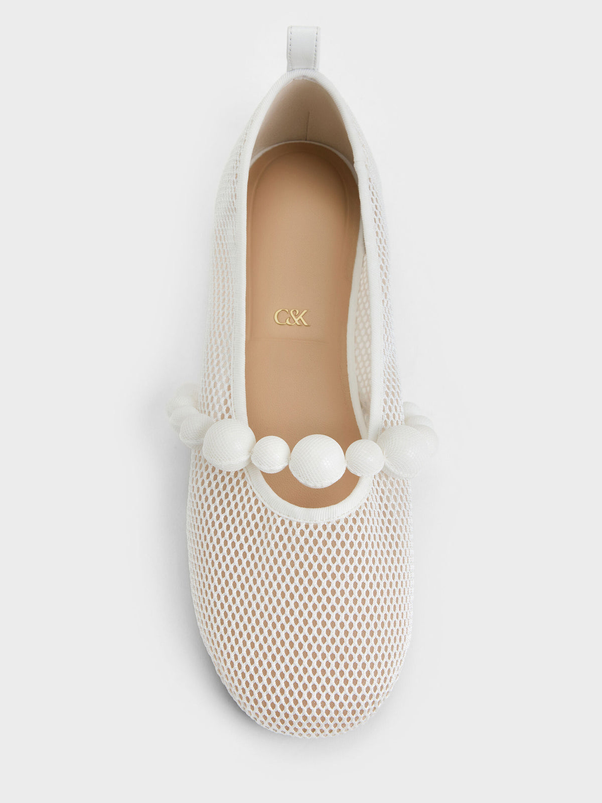 CHARLES & KEITH Smart Buy / Leather Mesh Beaded Mary Jane Flats - Chalk