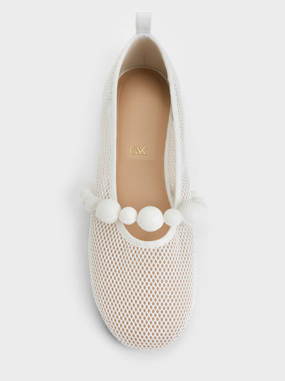 CHARLES & KEITH Smart Buy / Leather Mesh Beaded Mary Jane Flats - Chalk