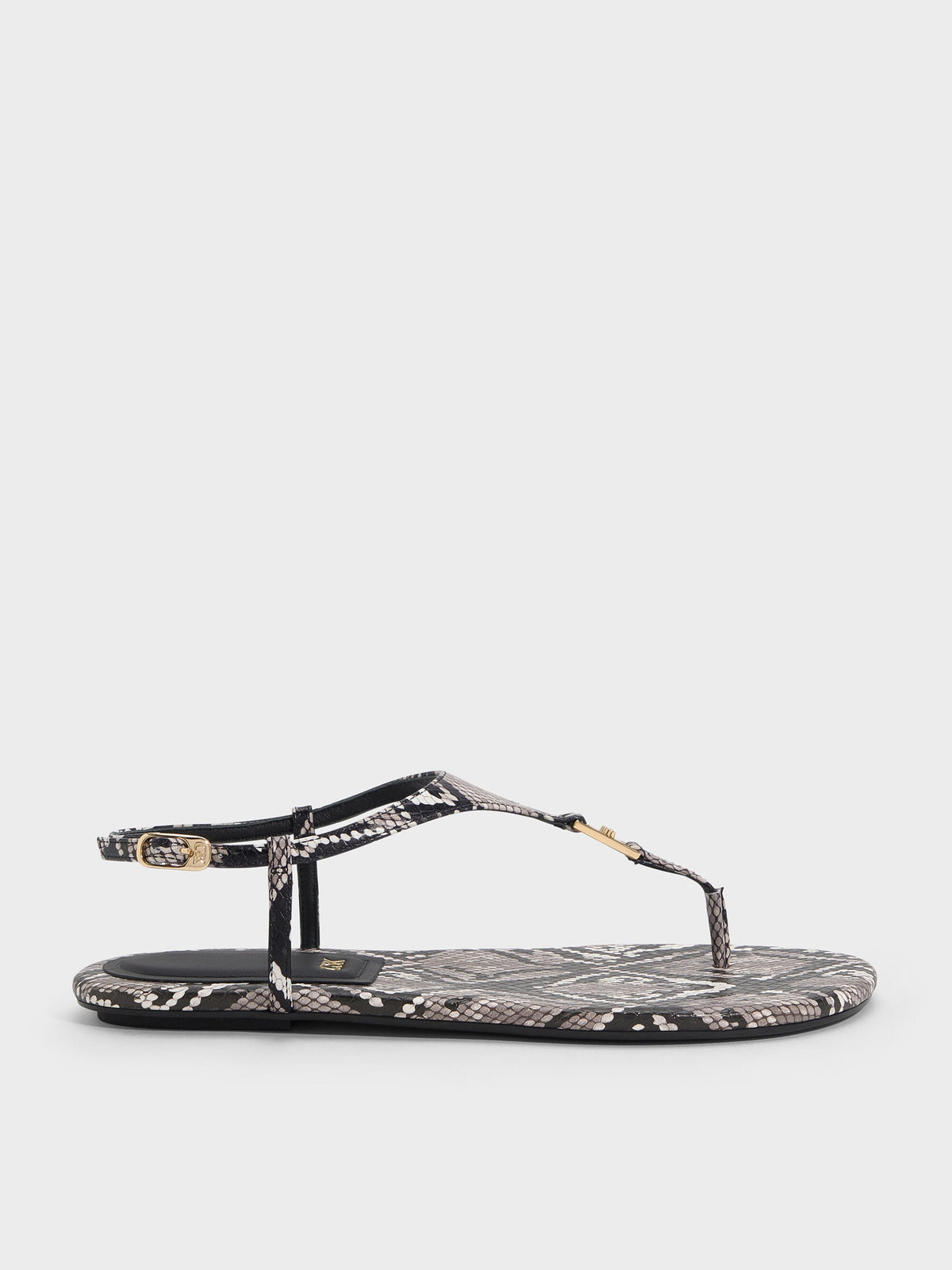 CHARLES & KEITH Exclusive / Leather Snake-Print T-Bar Thong Sandals - Animal Print Grey