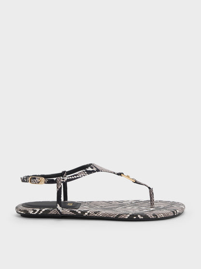CHARLES & KEITH Exclusive / Leather Snake-Print T-Bar Thong Sandals - Animal Print Grey