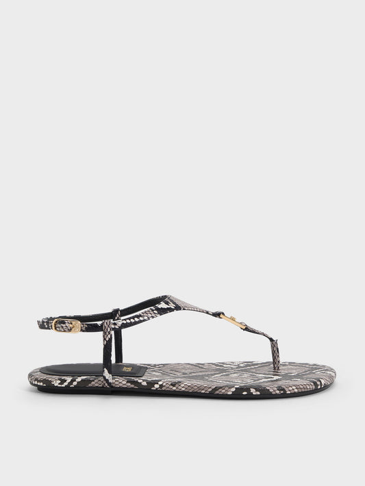 CHARLES & KEITH Exclusive / Leather Snake-Print T-Bar Thong Sandals - Animal Print Grey