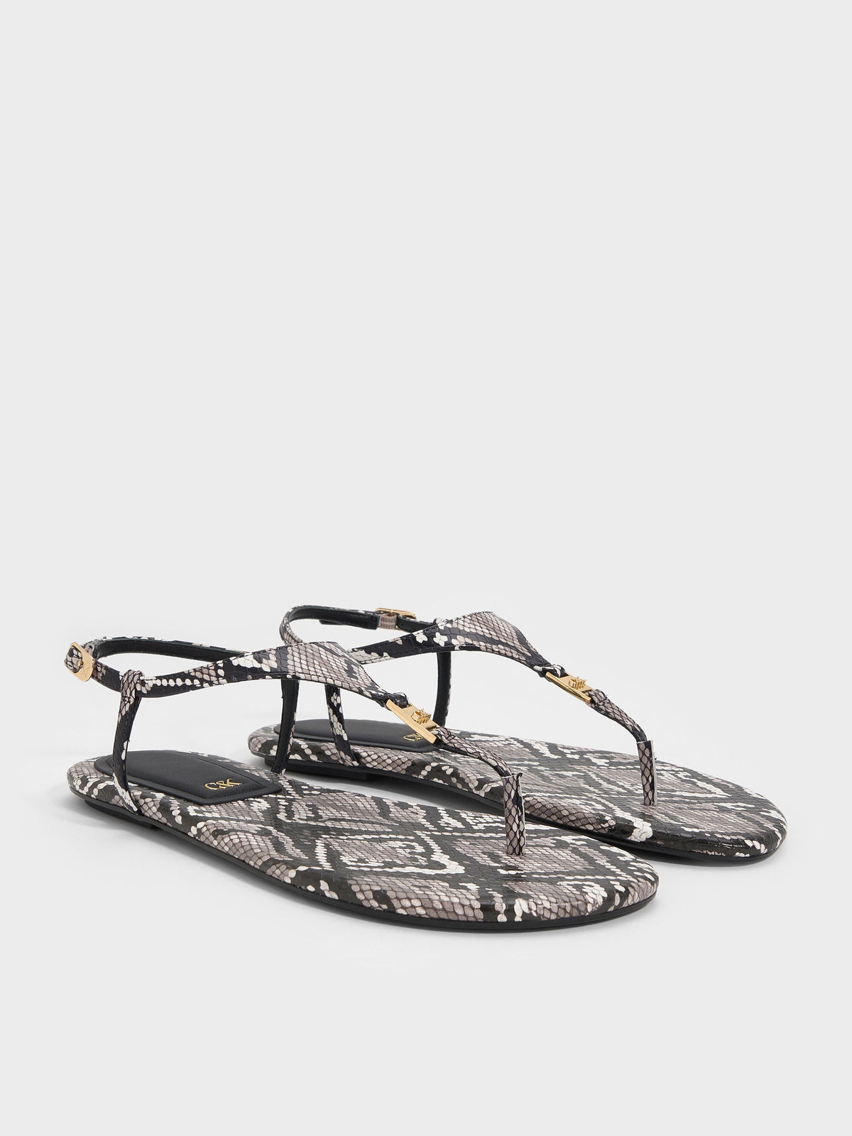 CHARLES & KEITH Exclusive / Leather Snake-Print T-Bar Thong Sandals - Animal Print Grey